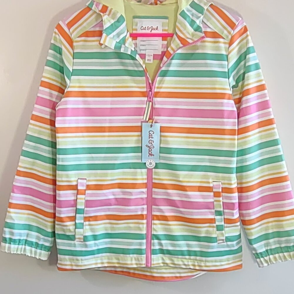 💛 NEW Rain Jacket Full Zip Lined Hood Colorful Stripes Size Girl Large 10/12 - Picture 7 of 10